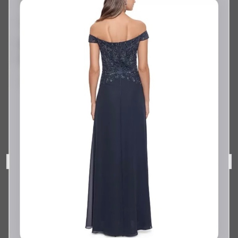 BETSY & ADAM Embellished Off-The-Shoulder Chiffon Gown in Charcoal - Picture 3 of 4